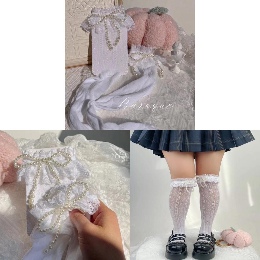 Cotton Lolita Stockings With Pearl Bow Decor For Winter Fashion