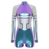 S-3XL Ladies Space Party Jumpsuit Alien Robot Design Metallic Shiny Contrast Color Long Sleeve Back Zipper Bodysuit for Halloween Cosplay