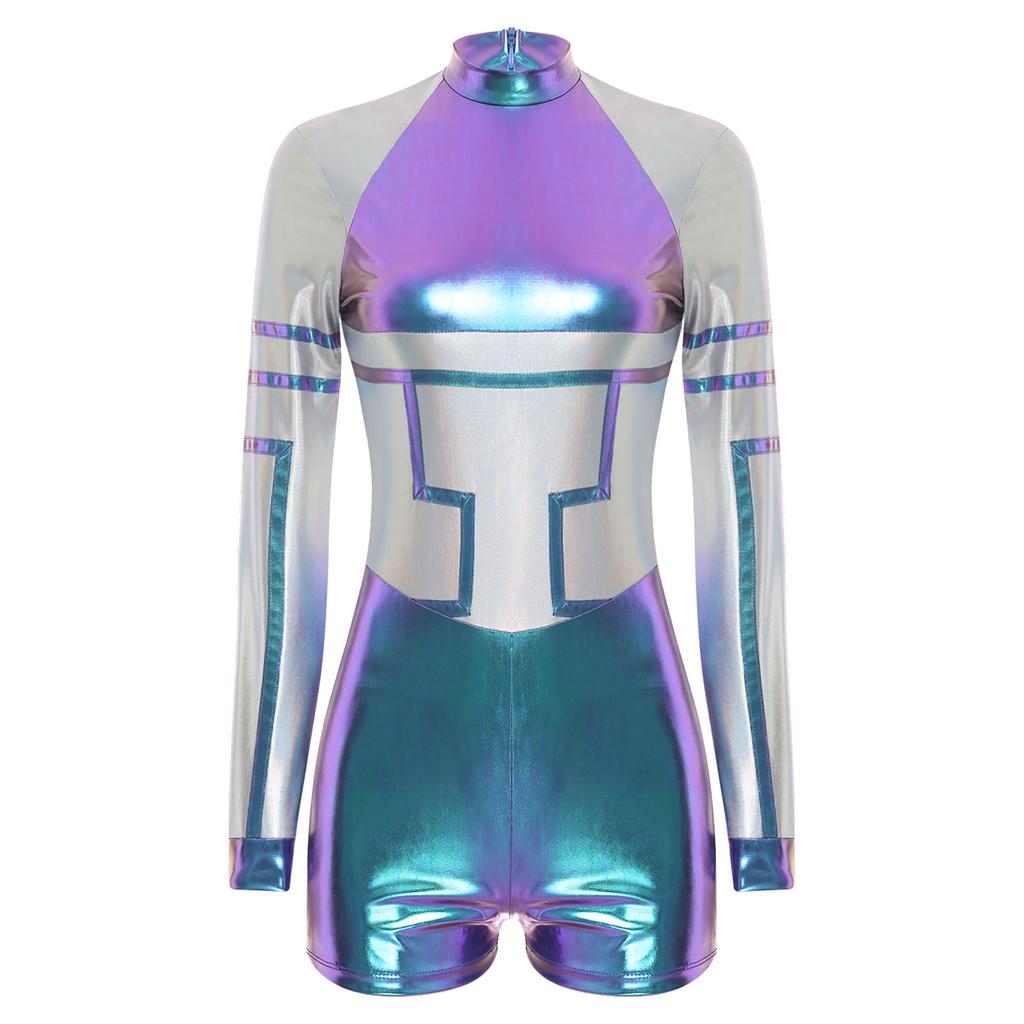 S-3XL Ladies Space Party Jumpsuit Alien Robot Design Metallic Shiny Contrast Color Long Sleeve Back Zipper Bodysuit for Halloween Cosplay