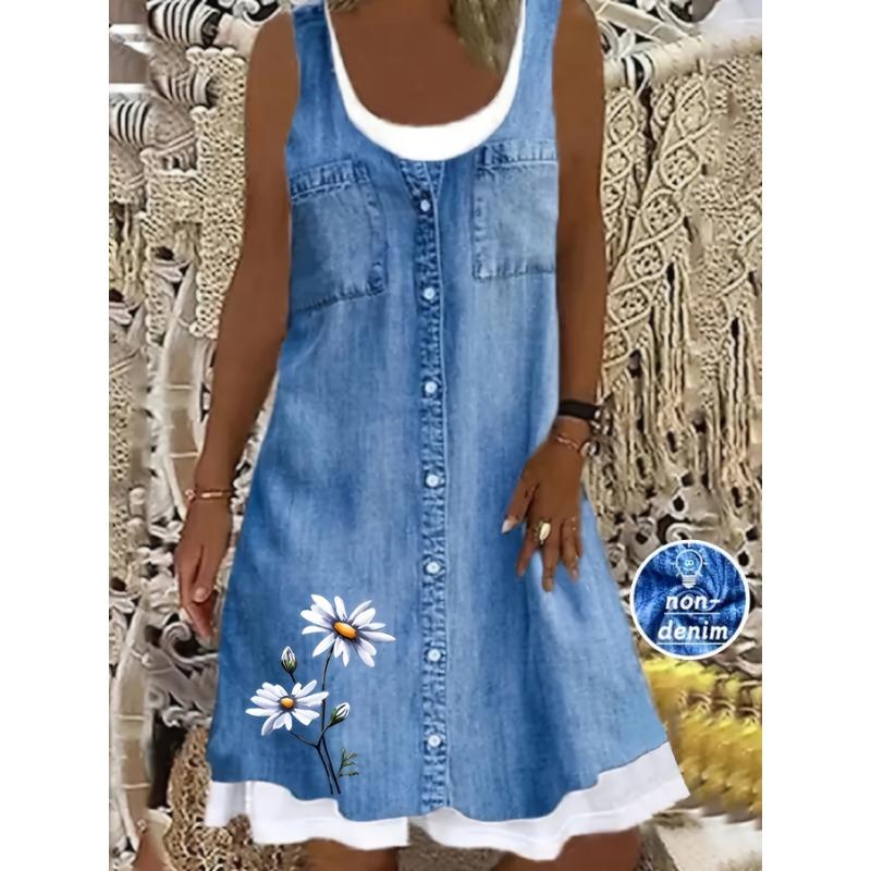 3D Printed Floral Round Neck Sleeveless Knee Length Blue Imitation Denim Women's Plus Size Dress