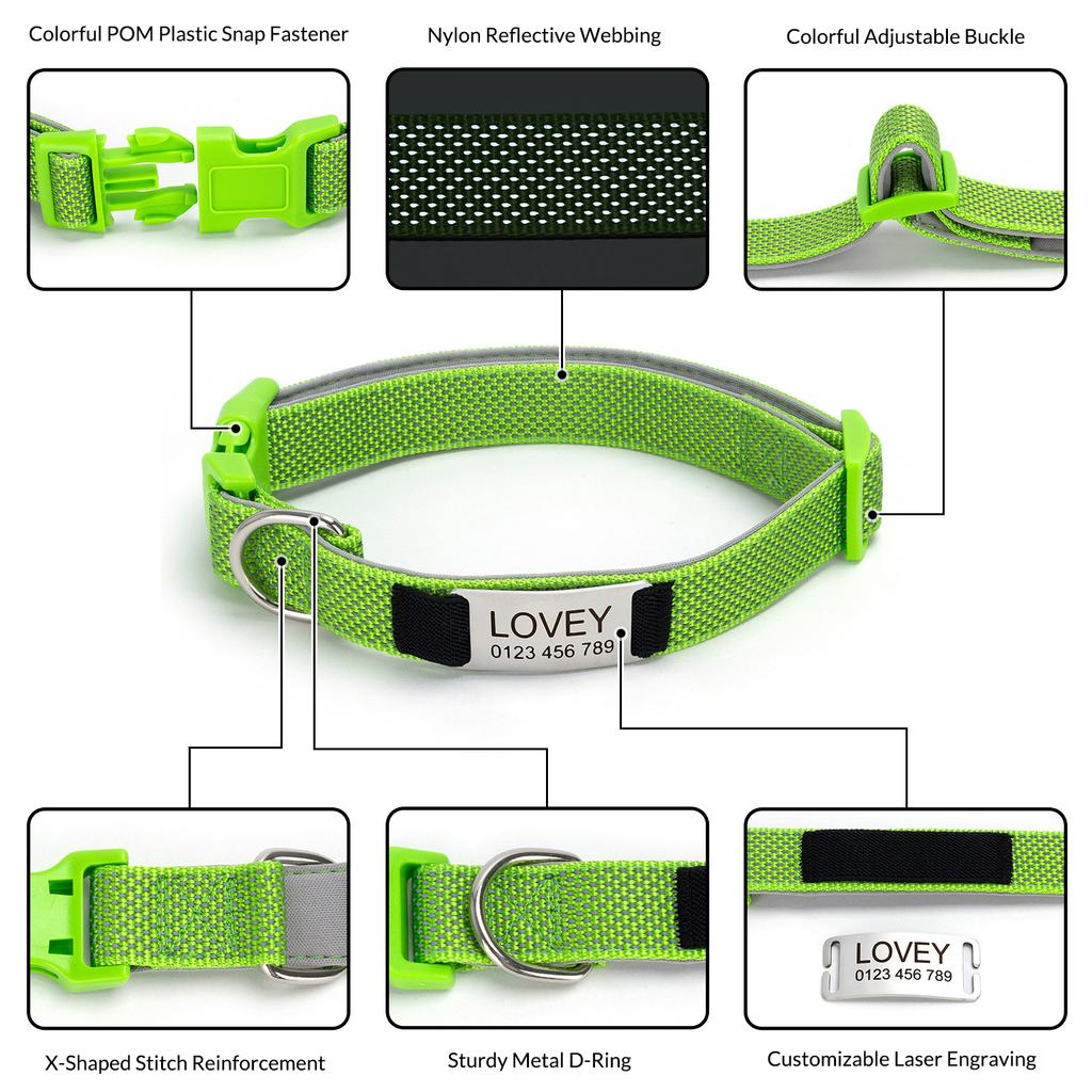 Personalized Dog Collar with Removable Engraved Tag Nylon Reflective Strap Solid Metal D-Ring Color Adjustable Buckle Pet collar