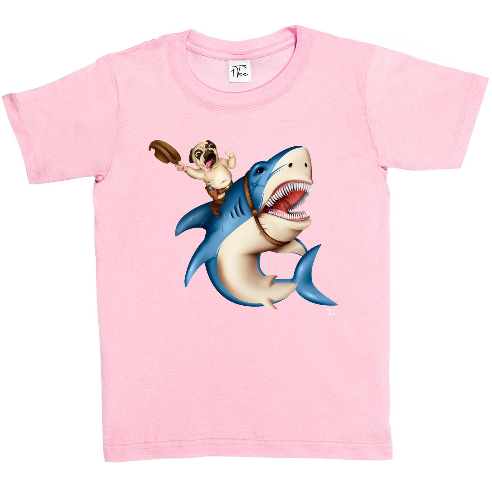 1Tee Kids Girls Cowboy Pug Riding Shark T-Shirt M