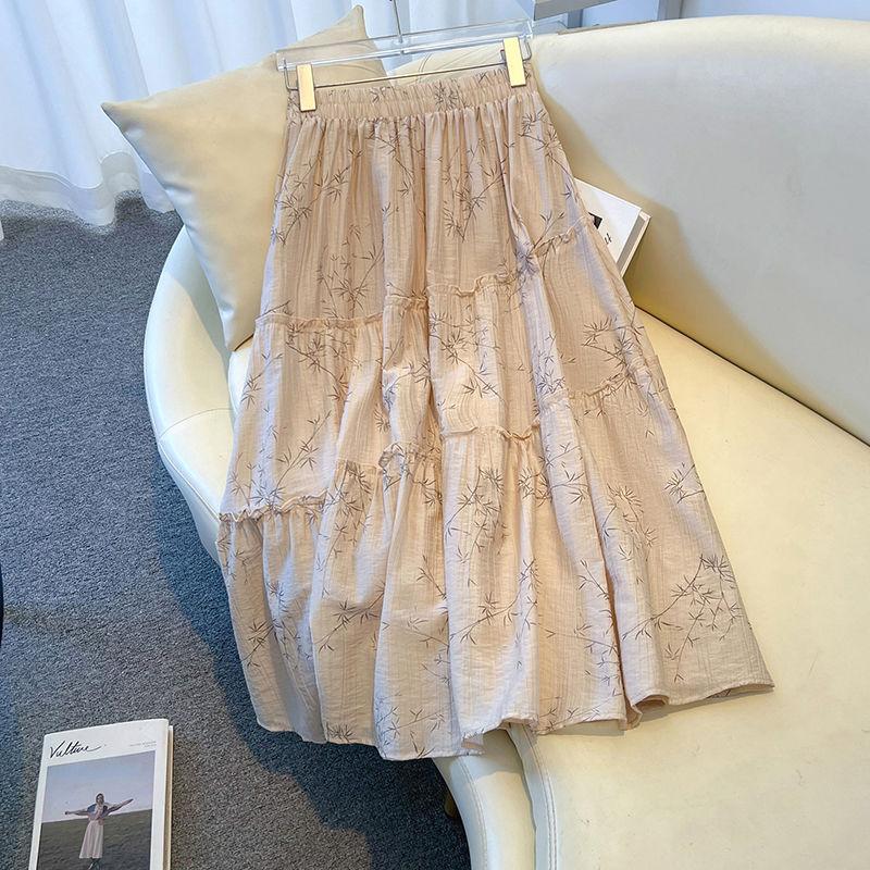 

Юбка с принтом в китайском стиле и бамбуковыми листьями лотоса, свободная летняя женская юбка для похудения и высокой талии XL хаки