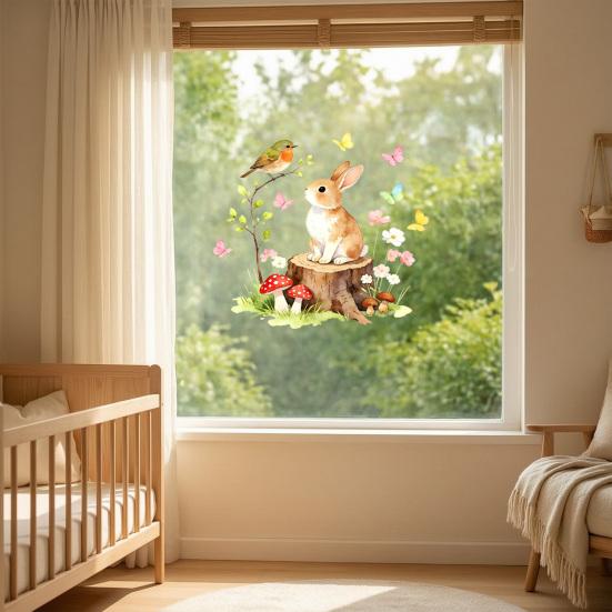 Adesivo per Finestra Design Uccello Coniglio, Decalcomania in Vetro Impermeabile ad Aderenza Elettrostatica per Soggiorno Camera da Letto Ingresso Decorazione Casa
