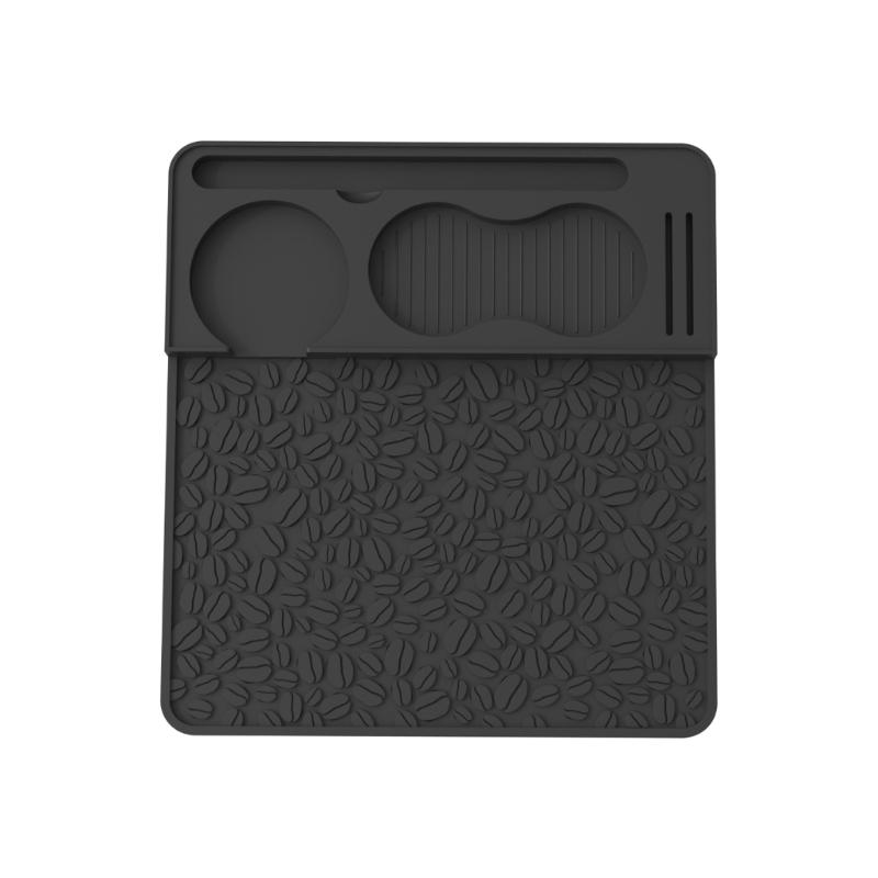 Silicone Coffee Tamping Pad with Textured Work Area, Recessed Tool Holders, Coffee Bean Pattern, and Loose Grounds Control for Brewing