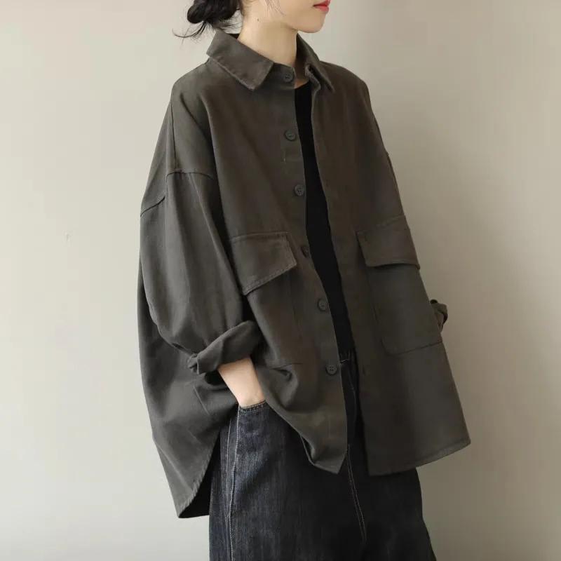 Women Autumn Vintage Style Long Sleeve Big Pockets Outerwear Shirts Solid Color Loose Casual Tops