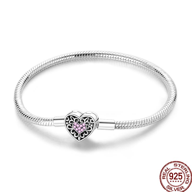 925 Silver 17-20CM Heart Pave Zirconia Original Bracelets Infinity Bracelet Fit DIY Charms Bead Birthday Jewelry Gifts Hot Sale 17cm