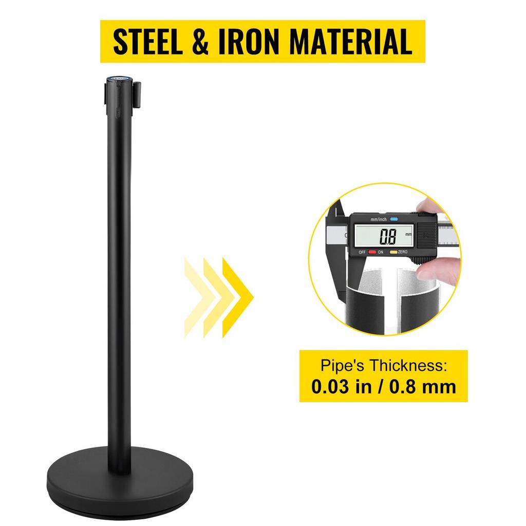 Crowd Control Stanchion, Set of 4 Pieces Stanchion Set, Stanchion Set with 6.6 ft/2 m Black Retractable Belt, Black Crowd Control Barrier w/ Concrete