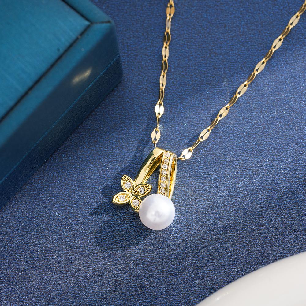Cross-Border Fashion Zircon & Pearl Titanium Necklace with Flower Design