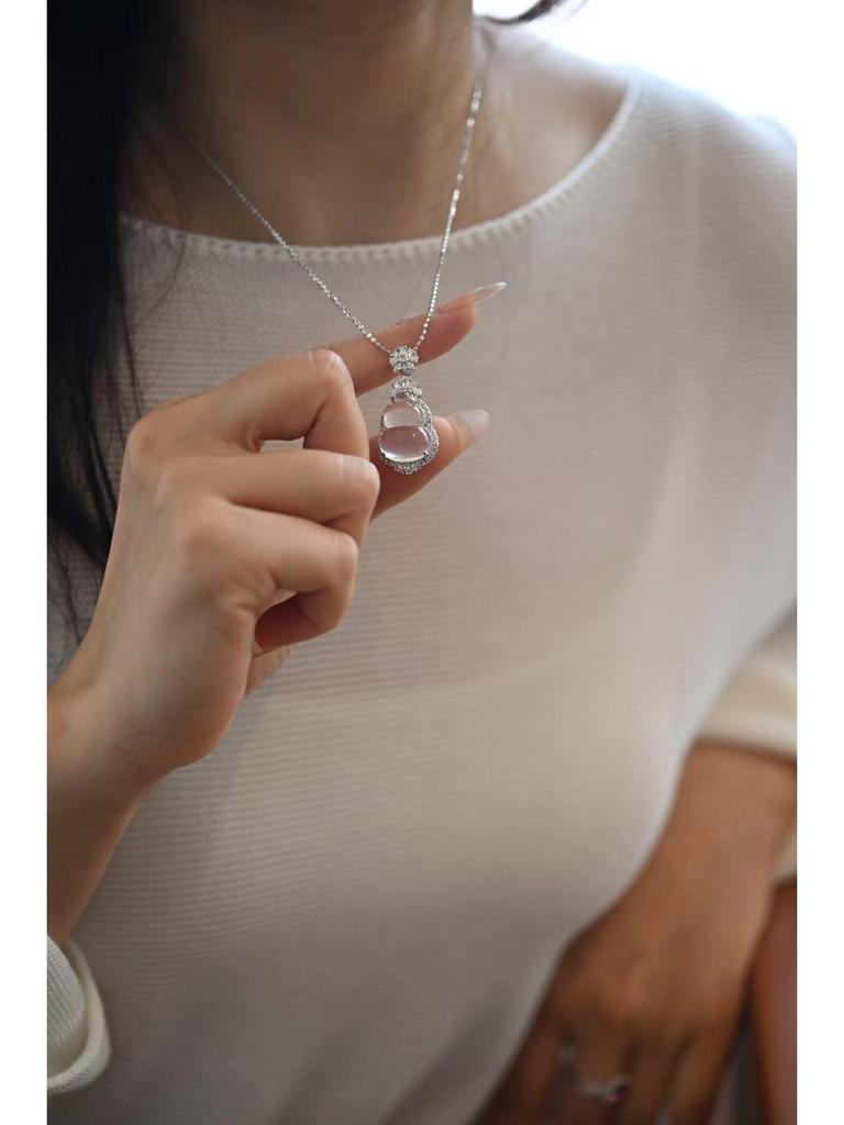 Pure Silver S925 Natural Mizzonite Jade Gourd Pendant Necklace - High Ice Variety for Women, with Chinese Style Fu Lu Charm