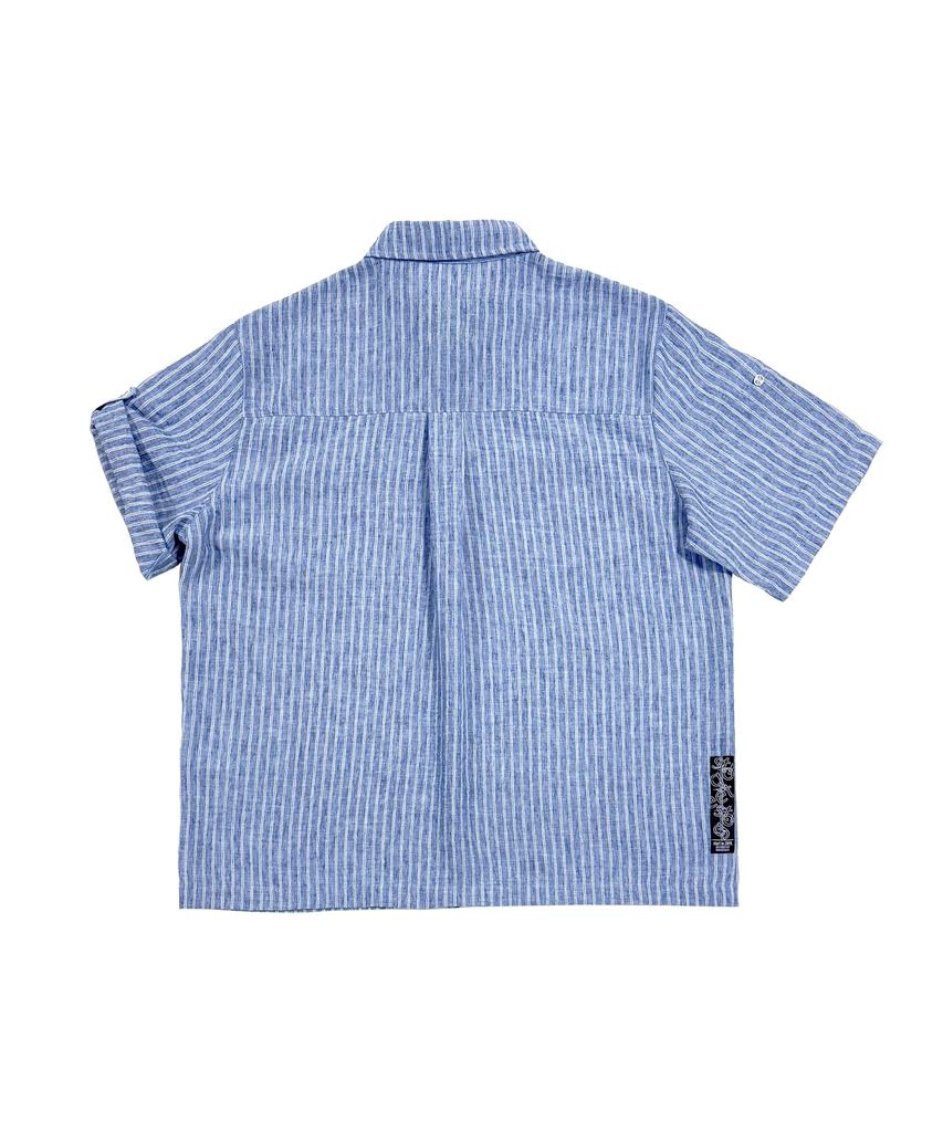 GOSTREET Semi-Oversized Striped Roll-Up Short Sleeve Shirt Blue