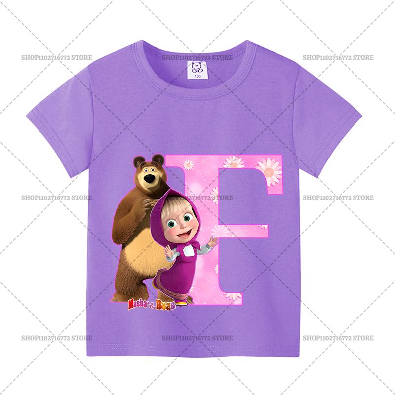 Mashas and The Bear Summer T-shirt Girl Children Tops Cute Cartoon Letters A-Z Print Clothing Short Sleeve Kids Casual Clothes