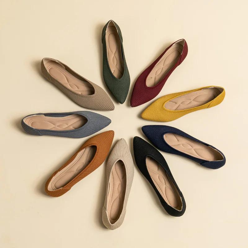 Women's Flat Shoes Spring and Autumn Fashion Knitted Breathable Non Slip Rubber Sole Pointed Women Comfortable Casual Boat Shoes