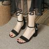 Popular Pearl Bow High Thick Heel Sandals Women's 2025 Summer Word with Round Head Open Toe Women's Shoes Spot