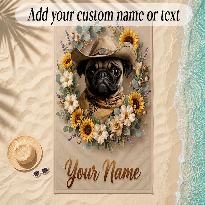 Pug Theme Soft Beach Towel Personalized Custom Name Text Towel Portable for Beach Pool Travel