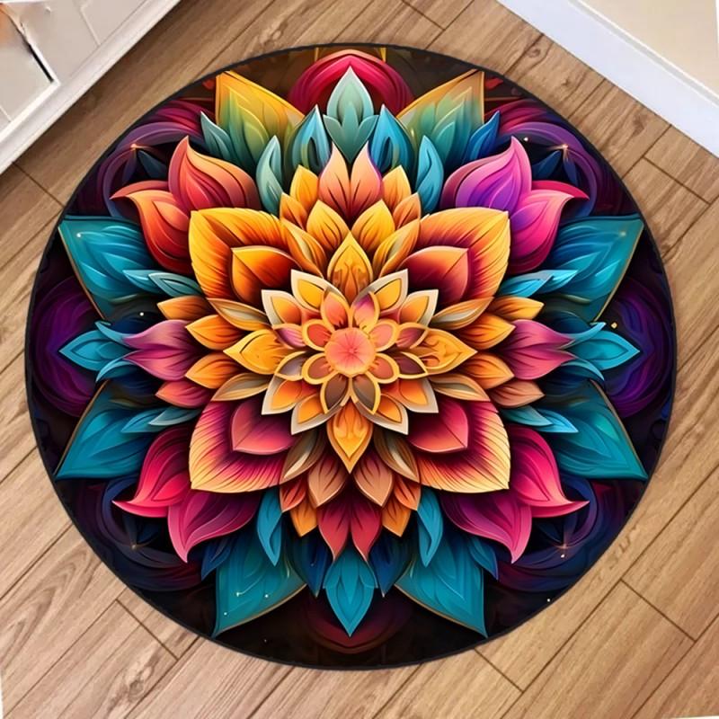Bohemian Mandala Round Rug Non Slip Vintage Geometric Floral Circle Carpet for Living Room Bedroom Home Decor Floor Mat