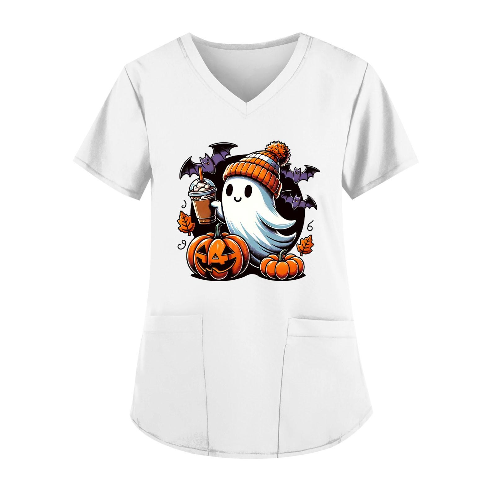 

Женская мода V-образный вырез повседневные Хэллоуин принтованные топы с карманами рабочая одежда XXL