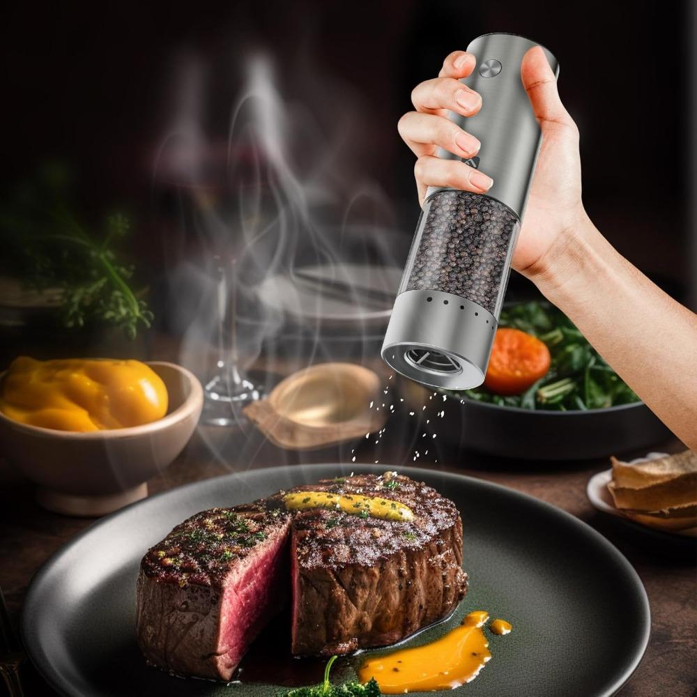 Zaktualizowany Elektryczny Zestaw Młynków do Soli i Pieprzu z Możliwością Ładowania USB-C | Duża Pojemność 95ml | 6 Regulowanych Stopni Grubość Mielenia | Stal Nierdzewna Sól Różowa