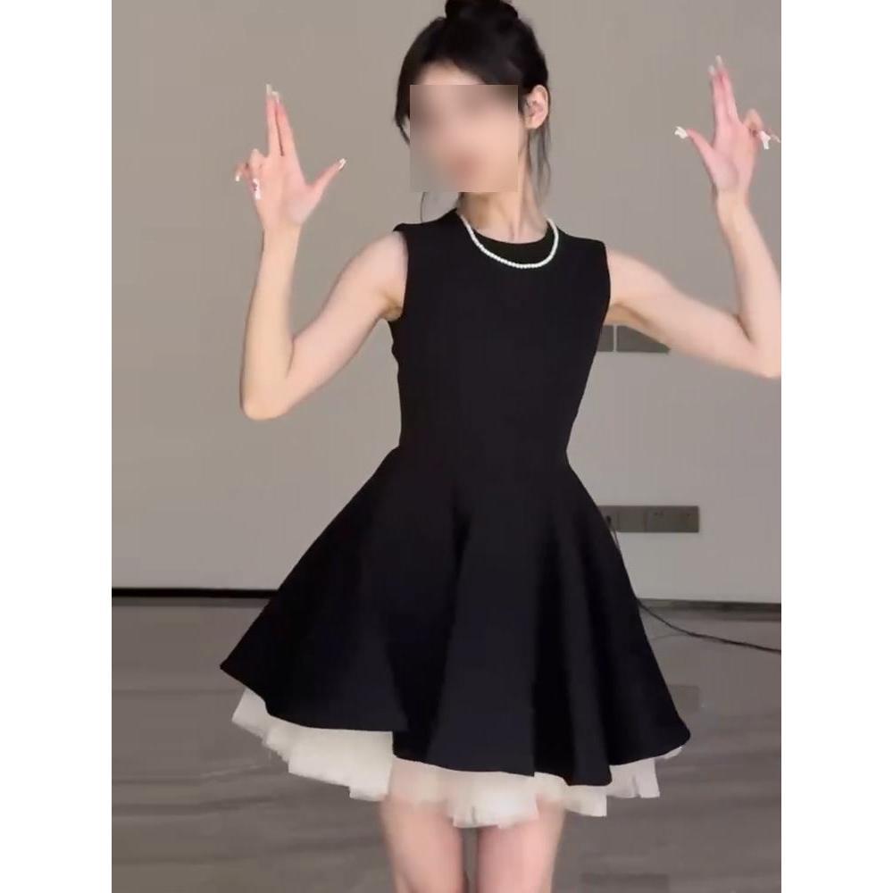 French Hepburn Mesh Splicing Sleeveless Dress Women's Leisure Summer New Temperament Waist Fluffy Princess Dress