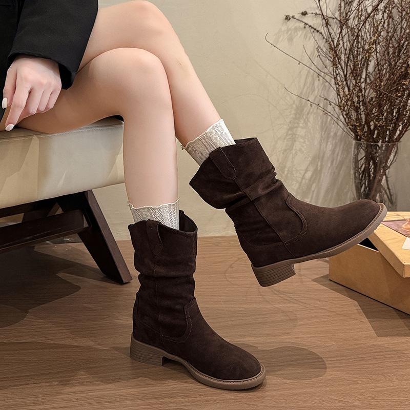 2025 New Western Cowboy Boots Women's Spring and Autumn Single Boots V-mouth Thin Medium Boots Pleated Stacked Martin Boots