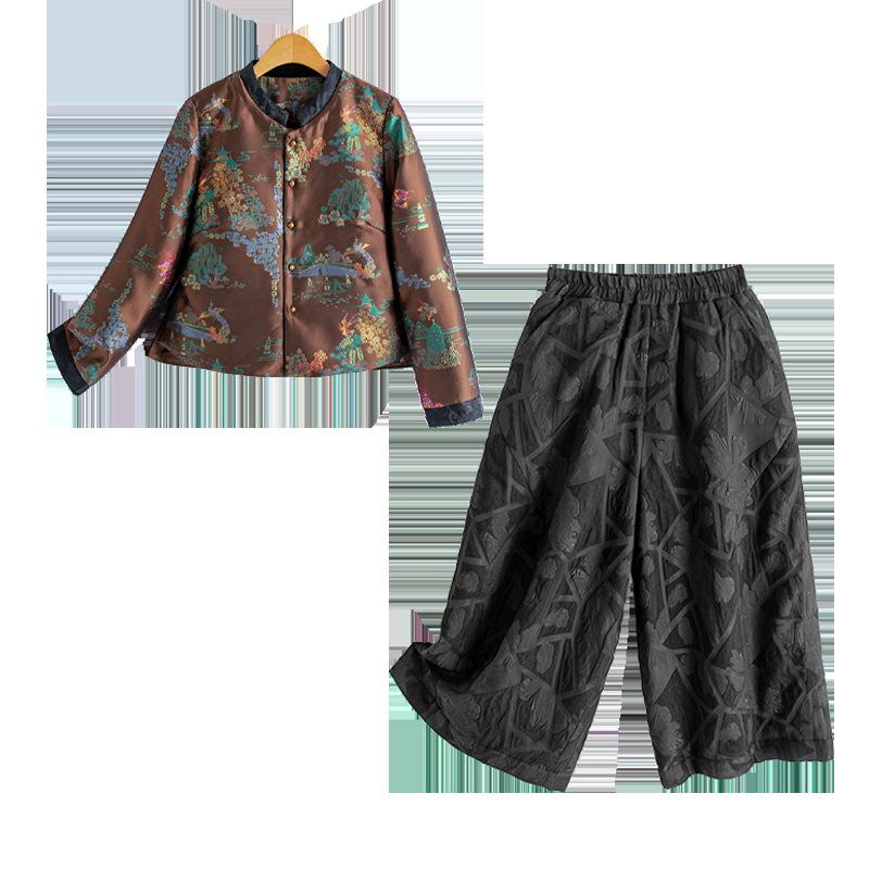 Women's New Chinese Style Jacquard Down Jacket & Wide-Leg Pants Set