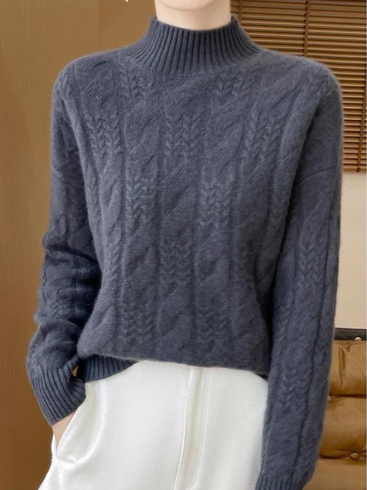 Eleganter beiger Pullover für Damen - Langärmlig, hoher Kragen, Zopfmuster, mittlere Dehnbarkeit, perfekt für Herbst & Winter, gemütliche Winterbekleidung | Zopfmusterpullover