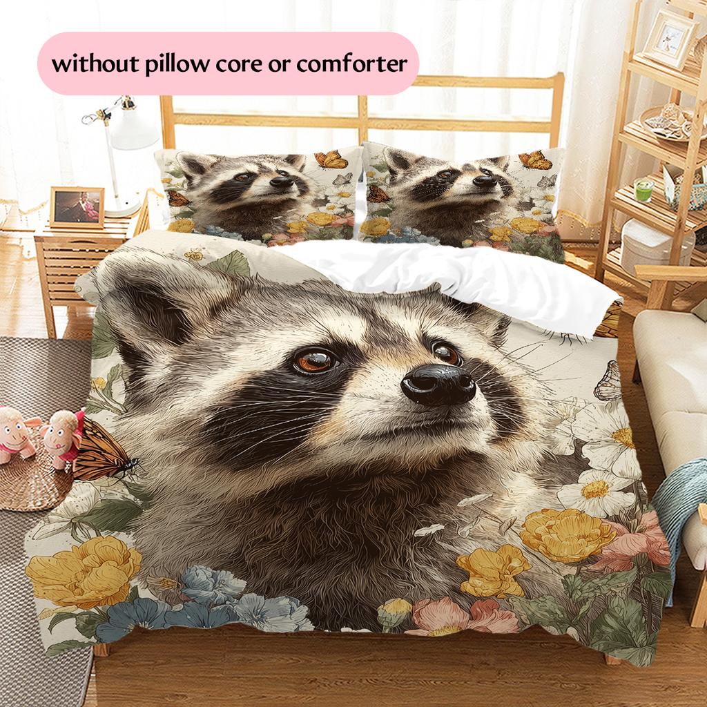Raccoon and Flowers Pattern Bedding Home Decoration Birthday Gift (1 * duvet cover + 2 * pillowcase, without core)