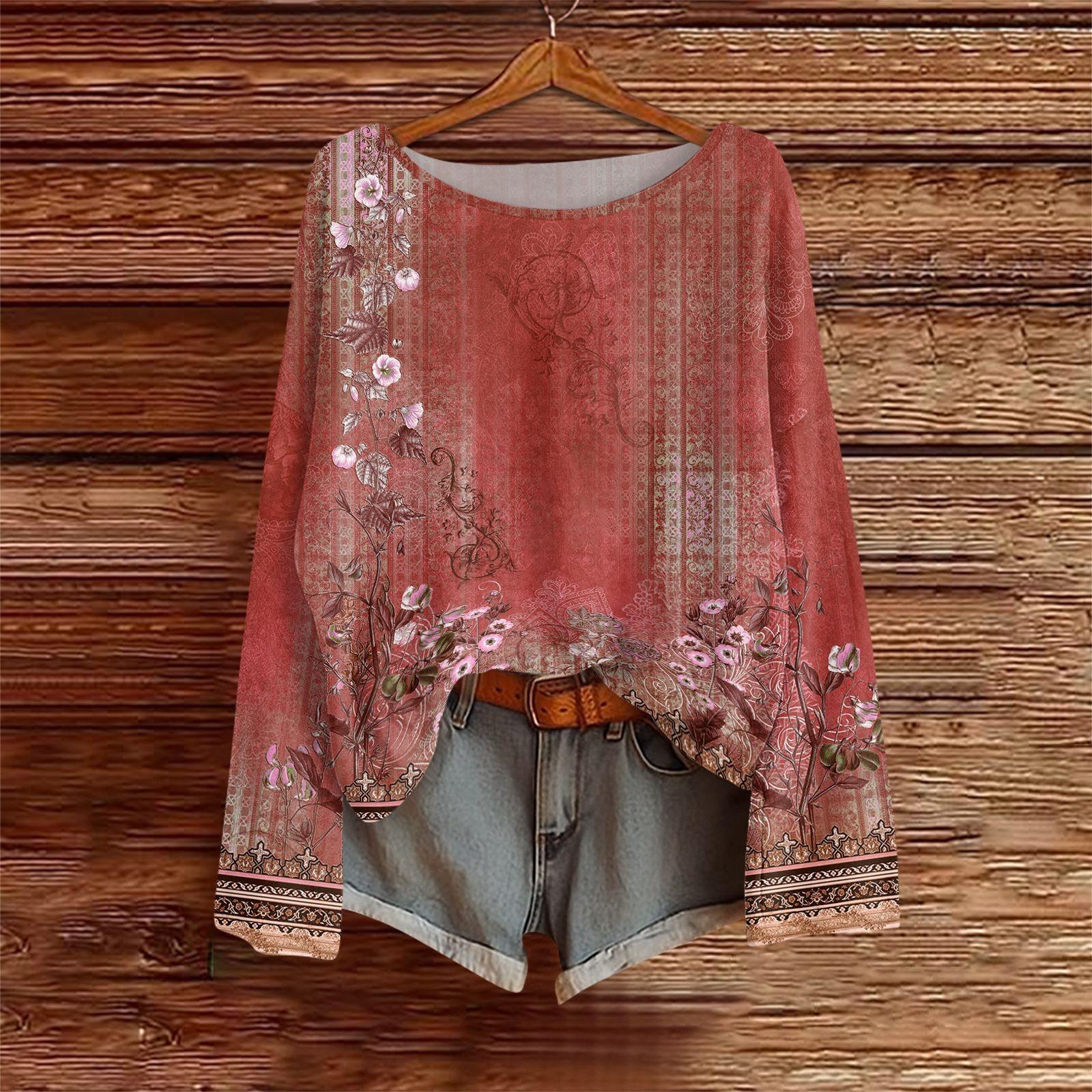 

Рубашки с длинным рукавом для женщин, футболки с принтом, блузки, повседневные базовые топы больших размеров, пуловеры XL красный