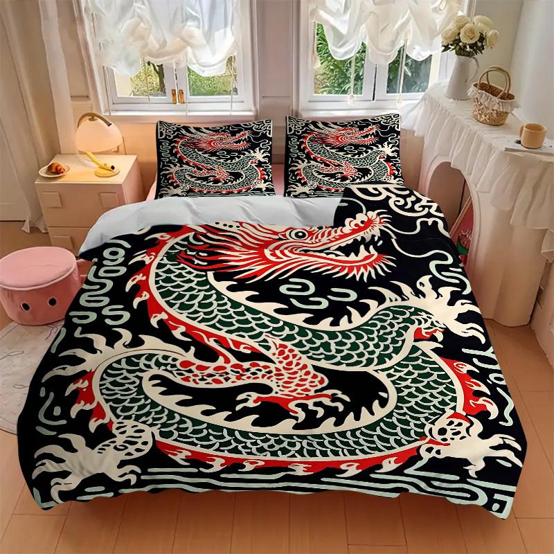 3pcs Chinese Dragon Bedding Set, Including 1 Quilt Cover and 2 Pillow Shams, Without Filling, Soft and Comfortable Home Bedroom Fabric, Fash