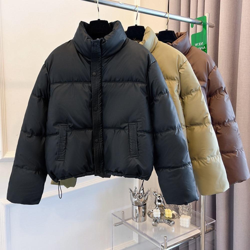 Women's Stand Collar Long Sleeve Cropped Puffer Jacket Loose Fit Casual Winter Warm Padded Coat