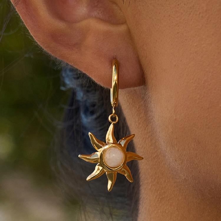 Fashion Sun Pattern Earrings Moonstone Embellished Stainless Steel Party Accessory Gift For Fashion Lovers