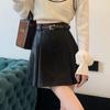 High-Waisted Black Leather A-Line Pleated Mini Skirt - Women's Spring/Autumn Fashion, Petite
