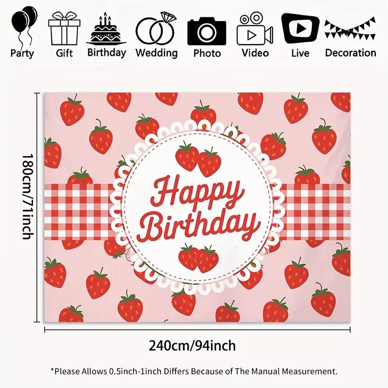 2D Flat Red Gingham Strawberry Birthday Backdrop Photography Background