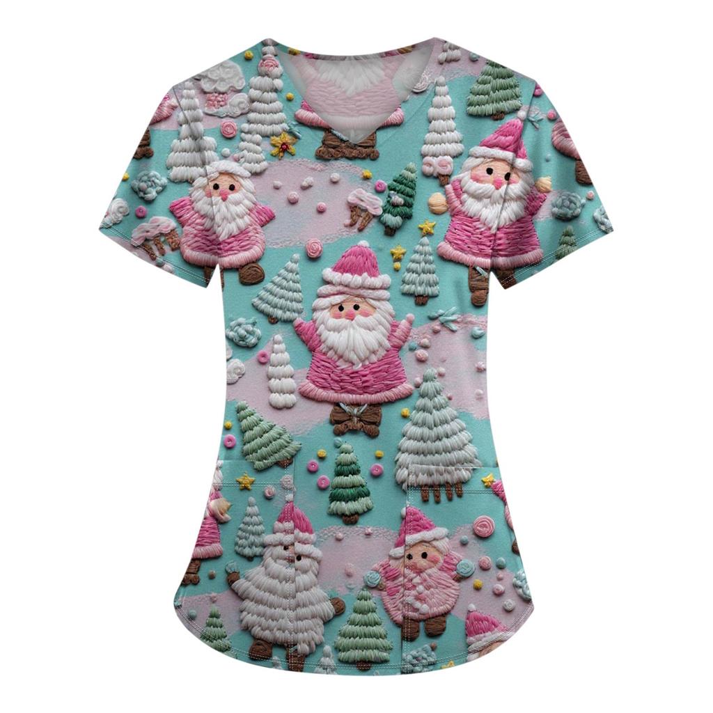 Women's Fashion Printed Short Sleeve V Neck Pattern Tops Pocket Working T-shirts