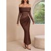 Elegant Off-shoulder Long-sleeved Mesh Long Skirt for Women Autumn and Winter One-shoulder Slim High-waisted Dress
