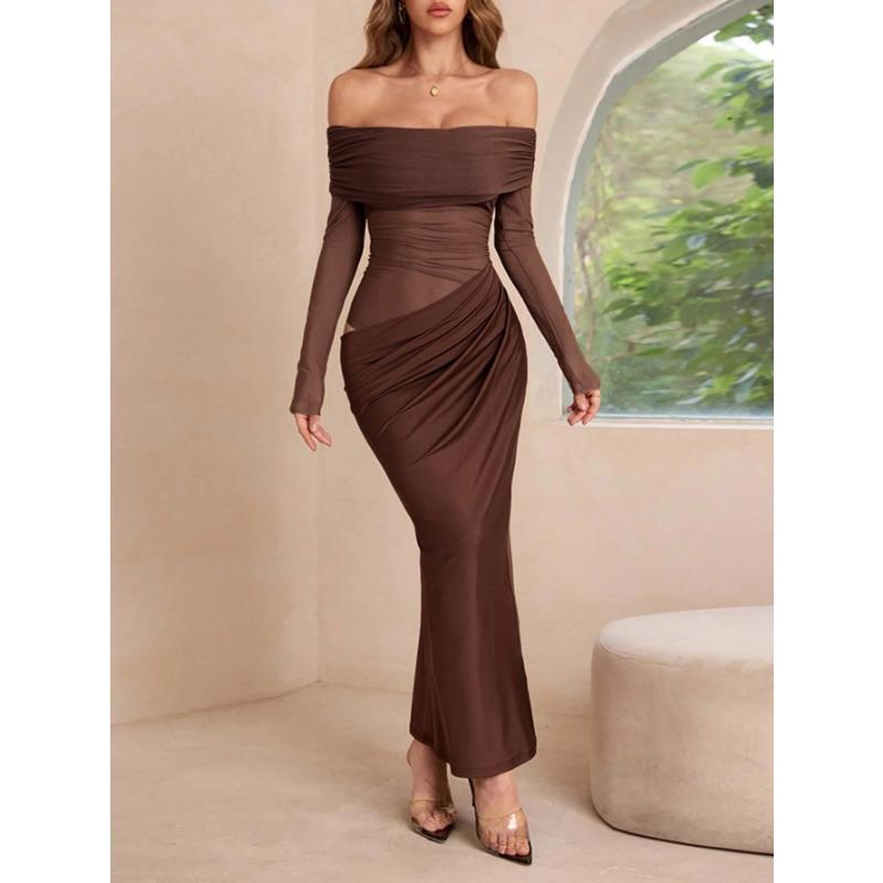 Elegant Off-shoulder Long-sleeved Mesh Long Skirt for Women Autumn and Winter One-shoulder Slim High-waisted Dress
