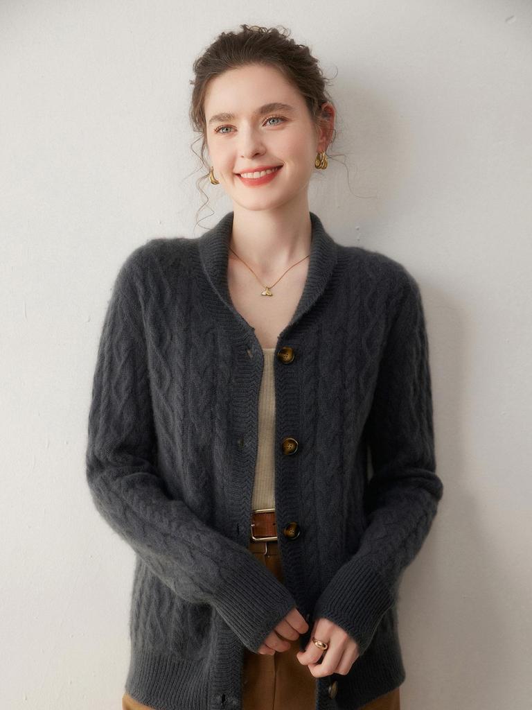 2025 Women's Cashmere Cable Knit Mandarin Collar Cardigan - Autumn/Winter, Long Sleeve, Seven-Needle & Thickened for Warmth