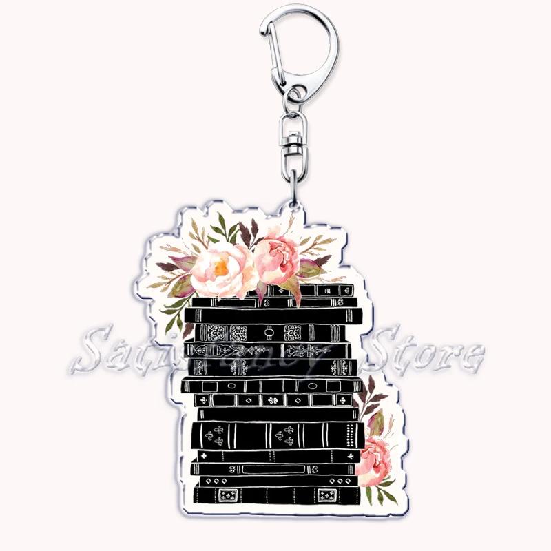 Pastel I Heart Flowery Books Keychains Ring for Accessories Bag Pendant Key Chain Keyring Jewelry Fans Lovers Gifts