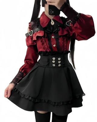 Set with Open Shoulder Dress and Long Heart Buckle and Cute French Girly Stylish Blouse and and Winter [BIIYUHN] Women's 3-Piece Sleeves, Detail,