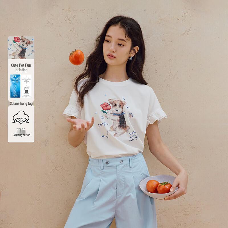 INMAN Cute Puppy Print Ruffle Sleeve Loose T-Shirt L