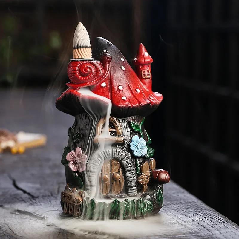 1pc Mushroom House Resin Handicraft Home Ornaments Backflow Incense Burner (Without Incense Cones)