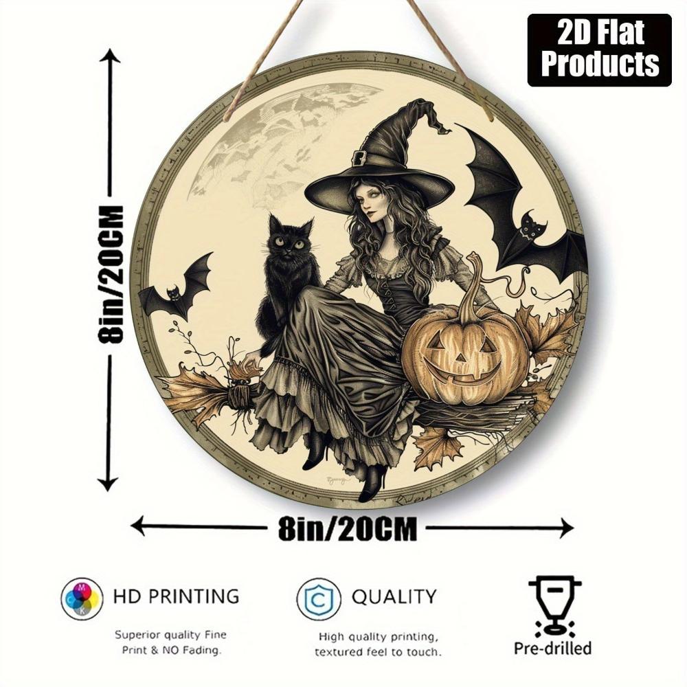 2D Flat Witch Wooden Pendant, Witch, Cat, Bat and Pumpkin Design, Suitable for Home Office Cafe Bar Party Decoration Halloween Gift