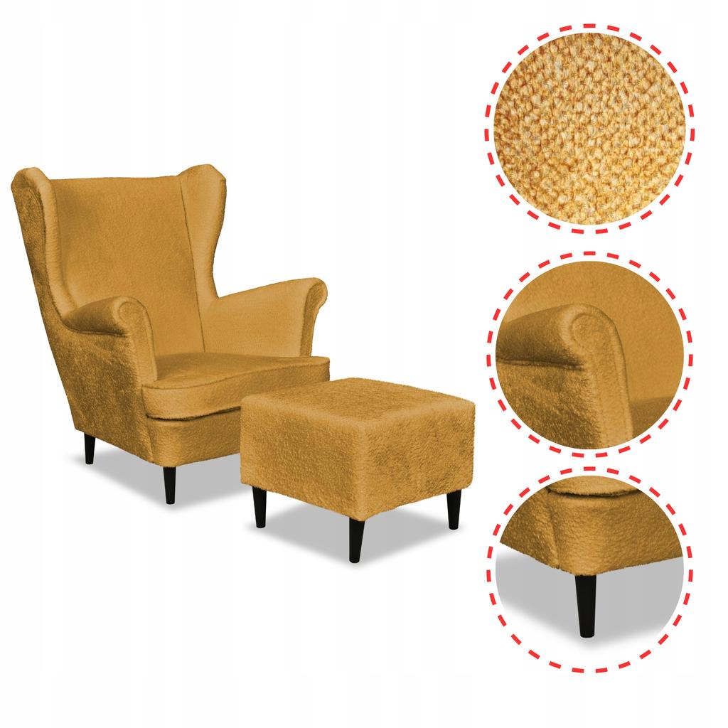 Fotel uszak Bella z podnóżkiem skandynawski Family Meble złoty musztardowy