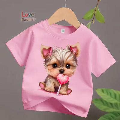 Little Girls T-Shirt 2026 New Summer Round Neck Puppy Pattern Printed Short Sleeved Shirt Casual Attire Summer Essential
