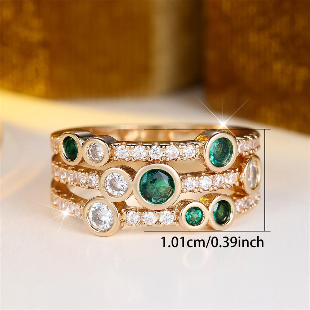 Round Stone Green Zircon Three Layers Rings For Women Vintage Gold Color Engagement Ring Wedding Jewelry Bridal Versatile Gifts
