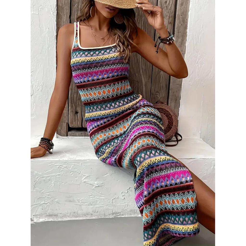 Summer Bohemian Women's Personality Street Casual Stripes Sleeveless Square Collar Dress Women