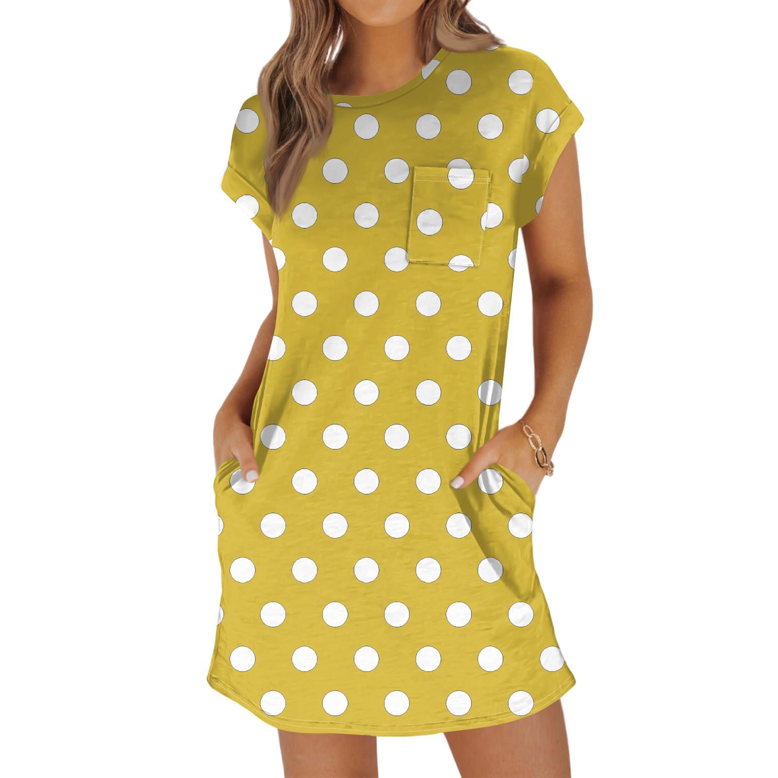 

Ladies Fashion Casual Summer Polka Dot Print Short Sleeve Round Neck Loose Dress With Pockets XL жёлтый