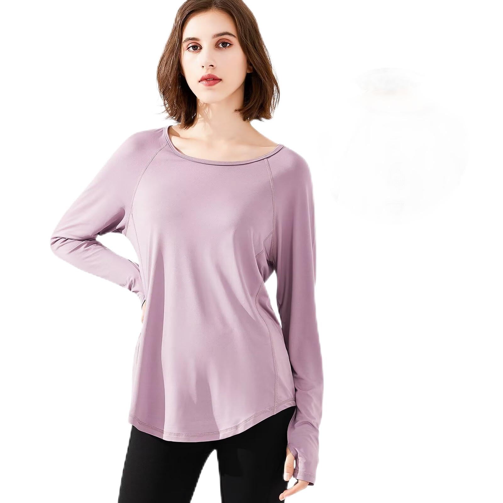 

Rovidorx Long Sleeve Yoga Loose Fit with Thumb Perfect for Gym Wear and UV and Size Women s T-Shirt, Holes, Training, Protection, Sweat-Wicking, фиолетовый