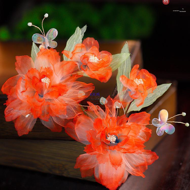 Hedvábné květinové sponky do vlasů - Oranžový motýlí ozdoba hlavy ve stylu staré dynastie Song