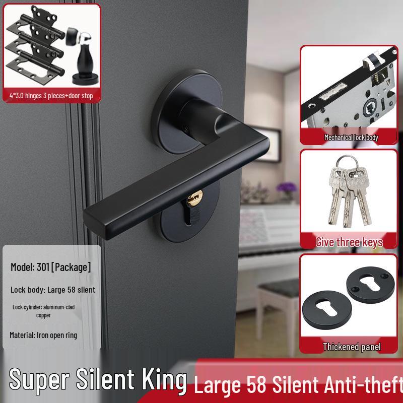 Magnetic Silent Black Wooden Bedroom Door Handle Lock